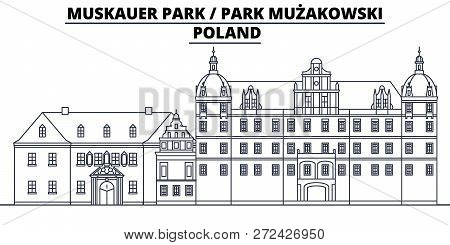 Poland - Muskauer, Muzakowski  Park  Travel Famous Landmark Skyline, Panorama, Vector. Poland - Musk