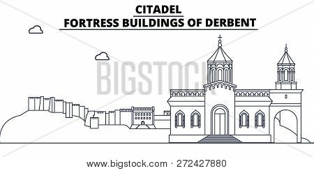 Russia, Dagestan, Derbent, Citadel Travel Famous Landmark Skyline, Panorama, Vector. Russia, Dagesta