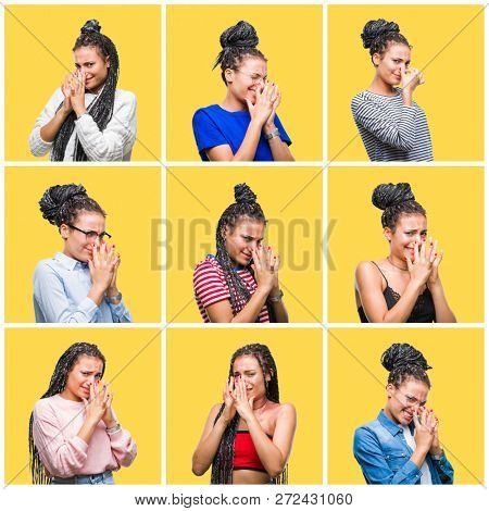 Collage of beautiful braided hair african american woman over yellow isolated background smelling something stinky and disgusting, intolerable smell, holding breath with fingers on nose. Bad smells