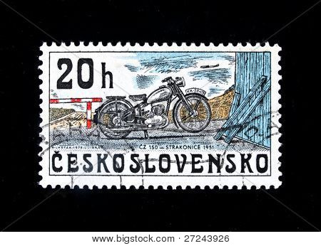 ÇEKOSLOVAKYA - 1975 yaklaşık: Çekoslovakya gösterir vintage motosiklet CZ 150 (1951 basılmış damga