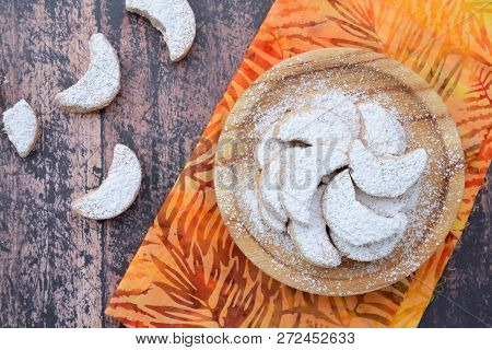 Putri Salju Or Crescent-shaped Cookies Coated With Powdered Sugar. Popular Dessert To Celebrate Eid 