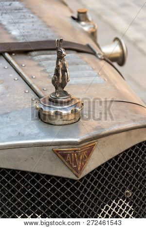 Saalbach-hinterglemm, Austria - June 21 2018: Vintage Alvis Oldsmobile Veteran Car Standing On Stree