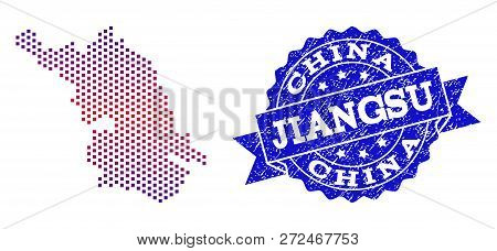 Geographic Combination Of Dotted Map Of Jiangsu Province And Grunge Seal. Mosaic Vector Map Of Jiang