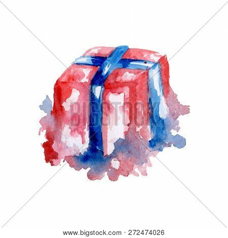 A Gift For Christmas. Illustration Of Watercolor. Watercolor Drips And Stains. Drawing Water