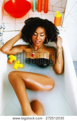 Young Pretty African American Girl Taking Bath With Foam, Lifest