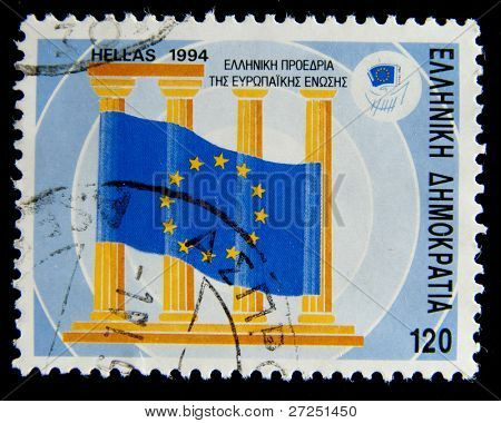 กรีซ - เซอร์กา 1994: แสตมป์พิมพ์ในกรีซแสดงรูปธง EU ชุด เซอร์กา 1994