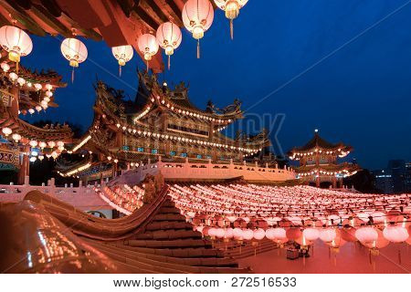 Traditional Chinese Lanterns Display In Thean Hou Temple Illuminated For Chinese New Year Festival, 