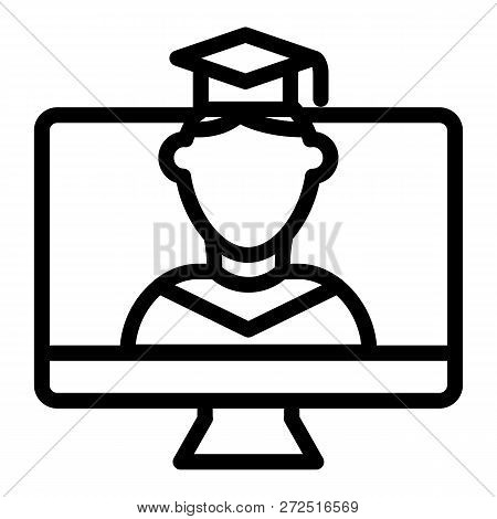 Online Educationa Line Icon. Student On Monitor Vector Illustration Isolated On White. E-learning Ou