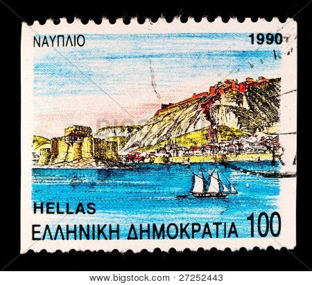Yunanistan - 1990 yaklaşık: Yunanistan gösterir manzarası, 1990 yaklaşık basılmış damga
