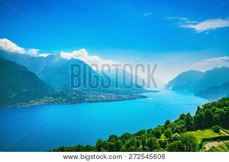 Como Lake Panoramic Landscape. Lake, Alps And Mandello Del Lario Village View From Civenna. Italy, E
