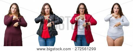 Collage of beautiful plus size woman over isolated background In hurry pointing to watch time, impatience, upset and angry for deadline delay