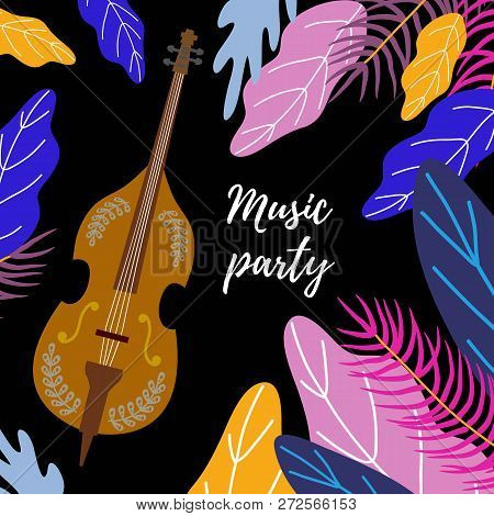 Musical Background. Classical Cello, Bright Leaves And Text. Hand Drawing Flat Doodle Vector