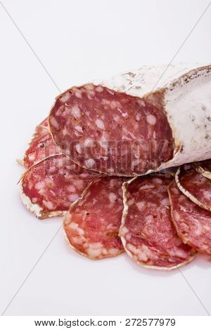 Saucisson Sec Delicious French Salami On A White Background