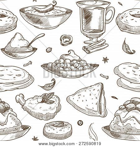 Indian Cuisine Sketch Pattern Background. Vector Seamless Design