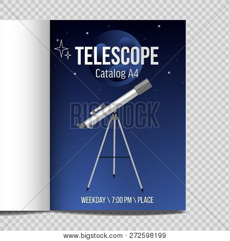 Telescope With Night Sky Catalog A4 Flat Design Icon Isolated. Moon And Planet Icon.