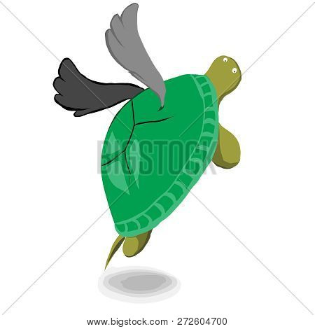 Green Turtle Soars In The Air On The Wings.  Flying Animal  Shell  Flying Animal.  Slow Becomes Fast