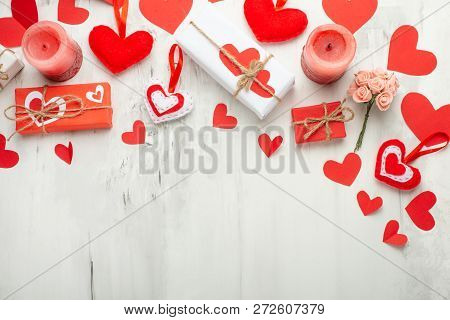White Background With Red Hearts, Gifts And Candles. Valentine's Day Concept. Flat-lay. Banner