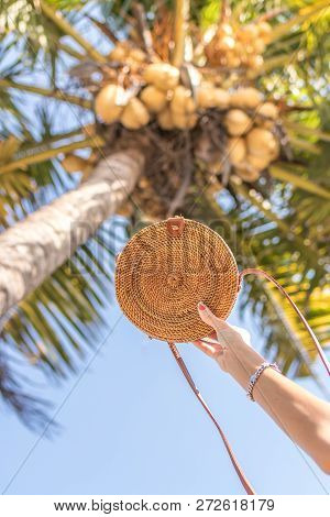 Nude Natural Organic Handmade Rattan Handbag Closeup. Sea Concept. Summer Style.