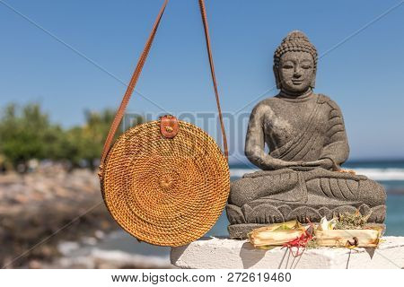 Nude Natural Organic Handmade Rattan Handbag Closeup. Sea Concept. Summer Style.