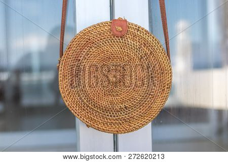 Nude Natural Organic Handmade Rattan Handbag Closeup. Sea Concept. Summer Style.
