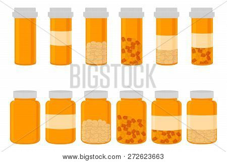 Illustration On Theme Big Colored Set Different Types Of Pills Inside Close Jar. Pill Pattern Consis