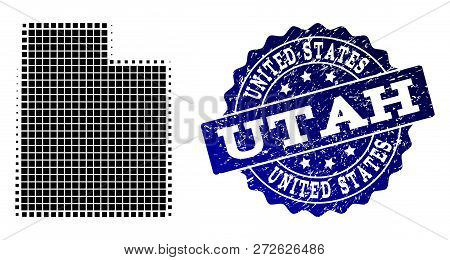 Geographic Composition Of Dot Map Of Utah State And Blue Grunge Seal Imprint. Halftone Vector Map Of