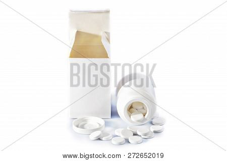 A Bottle Of Chewable Calcium Pills With Box Isolated On White.