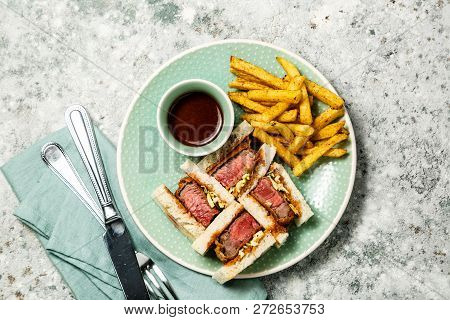 Katsu Sando - Food Trend Japanese Sandwich With Pork And Fries, Copy Space