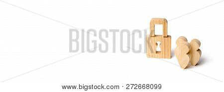 People Stand Near The Padlock. Protection Of Personal Data And Cyber Protection. Protection Of Human