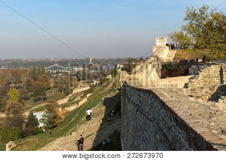 Belgrade, Serbia - November 10, 2018: Panoramic Sunset View Of Belgrade Fortress, Kalemegdan Park, S