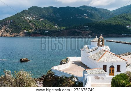 The Church Of The Virgin Mary With Stone Tile On Skopelos City On Backgroud Of The Blue Sea Of Islan