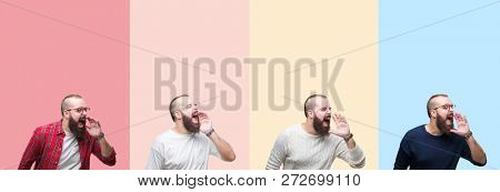 Collage of young man with beard over colorful stripes isolated background shouting and screaming loud to side with hand on mouth. Communication concept.