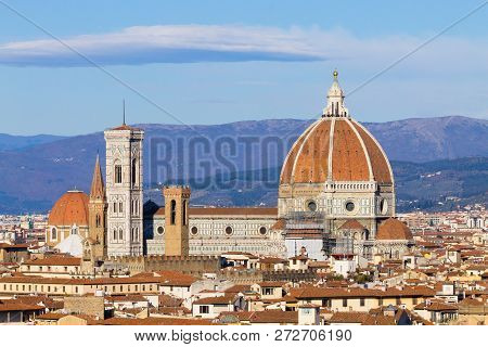 Florence Aerial View. Florence Cathedral And Brunelleschi Dome. Italian Landmark, Tuscany