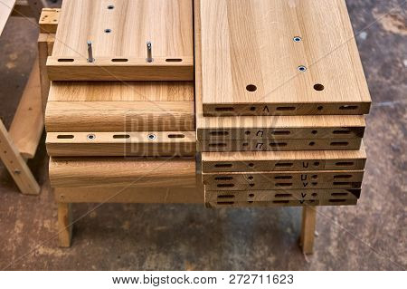 Wooden Elements Of A Double Bed. Furniture Manufacture. Close-up