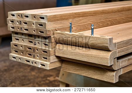 Wooden Elements Of A Double Bed. Furniture Manufacture. Close-up