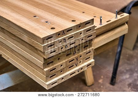 Wooden Elements Of A Double Bed. Furniture Manufacture. Close-up