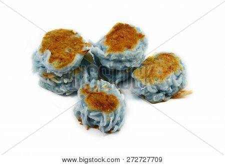 Pancake Thai Style Dessert On White Background / Pile Of Pancake With Sugar Grated Coconut Glutinous