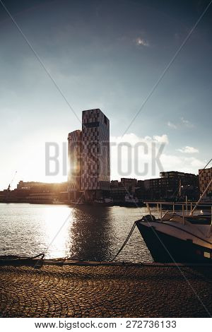 Editorial 11.17.2018 Helsinki Finland The Tall Clarion Hotel Building And Sunset With Flare On An Au