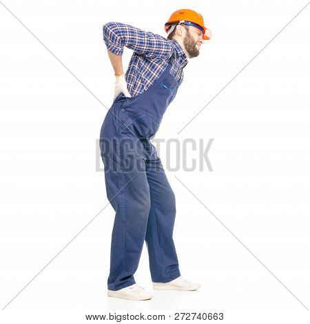 Young Man Builder Industry Worker Hardhat Pain Back On White Background Isolation