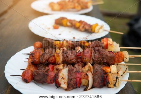 Closed Up Of Bar B Que (bbq) On White Dish,meat (chicken,pork,beef) And Vegetable (tomato,onion,mush