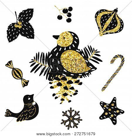 Merry Christmas Set  Illustration Scrap Stickers For Card. Gold Glitter. Christmas Sock, Mistletoe, 