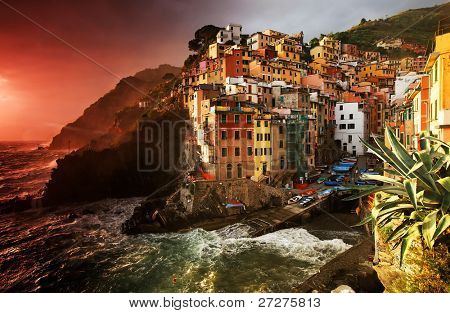 Sunset light in Riomaggiore Village, Cinque Terre, Italy
