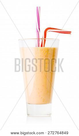 Banana Or Vanilla Smoothie Or Yogurt In Tall Glass With Two Stri