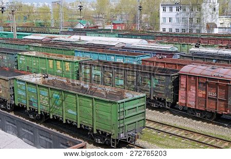 Moscow, Russia - May, 2017: Freight Railroads Train At The Station Beskudnikovo Moscow Railway