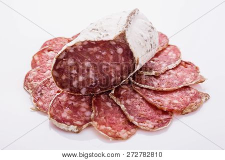 Saucisson Sec Delicious French Salami On A White Background