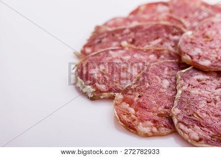 Saucisson Sec Delicious French Salami On A White Background
