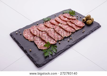 Saucisson Sec Delicious French Salami On A White Background
