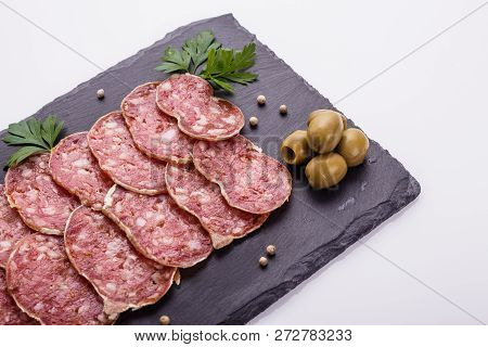 Saucisson Sec Delicious French Salami On A White Background