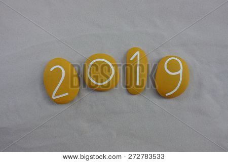 Unique Happy New Year Message Idea For 2019 With A Composition Of Yellow Painted Stones Over White S