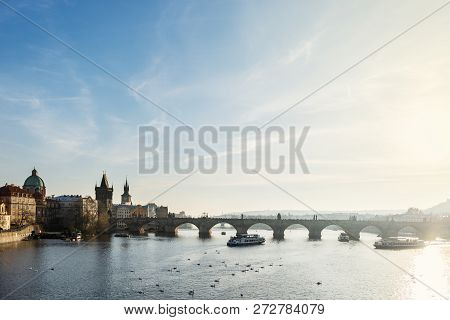View On Prague Panorama With Red Roofs And Historic Architecture From Staromestska Radnice, Old Town